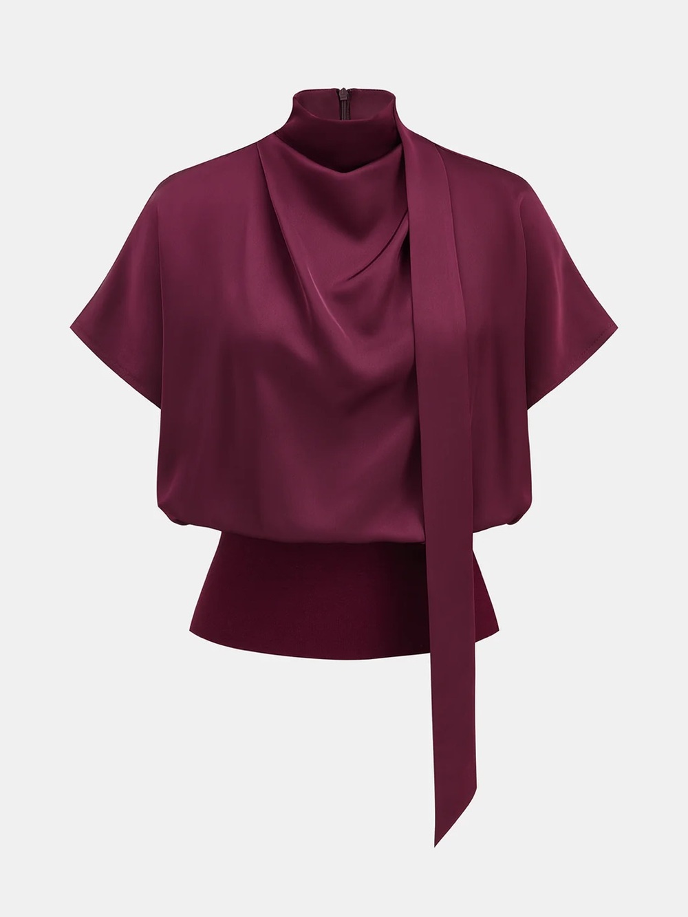 203 Draped Satin Mock Neck Blouse with Tie
